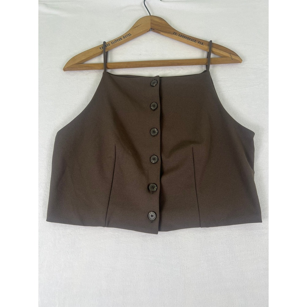 H&M Button Front Crop Top W M Brown Spaghetti Strap Minimal Clean Old Money Chic